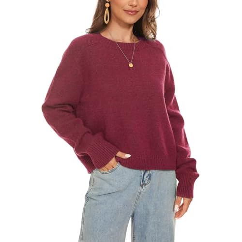 Women's Crew Neck Raglan Long Sleeve Sweaters 2024 Winter Fuzzy Knit Casual Ribbed Pullover Tops Dark Red X-Large