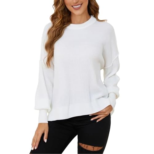Women's Crewneck Long Sleeve Oversized Sweaters 2024 Fall Side Slit Ribbed Knit Pullover Sweater Tops White Large