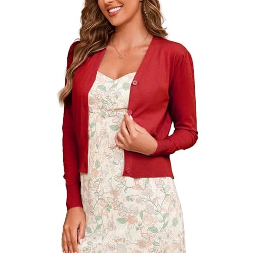 Women's V-Neck Button Down Long Sleeve Cardigan for Women Cropped Soft Lightweight Knit Sweater Red Medium