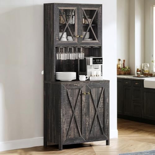 YITAHOME 67" Tall Wine Bar Cabinet for Liquor and Glasses, Farmhouse Freestanding Coffee Bar Cabinet with Glasses Racks ＆ Storage Shelves W-Glass Do