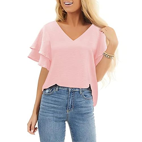 luvamia Women's Casual 3-4 Tiered Bell Sleeve Crewneck Loose Tops Blouses Shirt XX-Large B Blush Pink