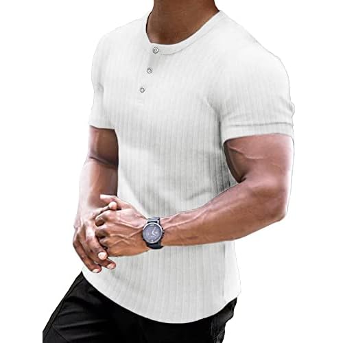 Muscle Cmdr Men's Ribbed Henley Shirt Short Sleeve Slim Fit Muscle Shirt Fitted Cotton Casual Long Sleeve Small 01white_short