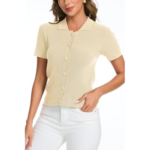 Women's Button Down Short Sleeve Polo T Shirts Ribbed Knit Slim Fitted Basic Summer Top Apricot X-Large