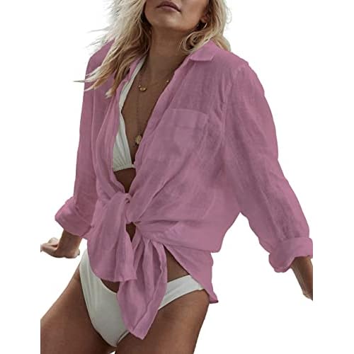Bsubseach Women Long Sleeve Beach Shirt Blouses Bathing Suit Cover Up Button Down Collar G-pink