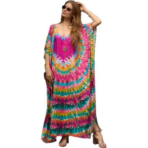 Swimsuit Cover Up Caftan Women's Vneck Flower Leopard Print Batwing Sleeve Side Split Kaftan Dresses A-print9