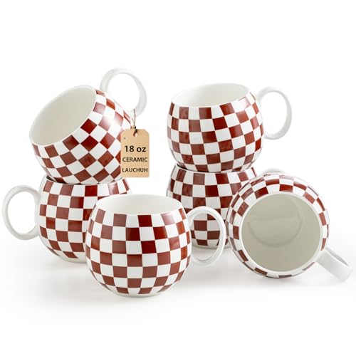 LAUCHUH Porcelain Coffee Mugs - 18 Ounce Large Mug Set of 6 Coffee Cups with Handle for Tea Latte Cappuccino Milk Cocoa, Dishwasher&Microwave Safe, Br
