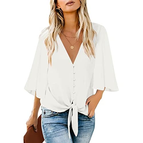 luvamia Women's Casual V Neck Tops 3-4 Sleeve Tie Knot Blouses Solid Button Down Shirts Medium White