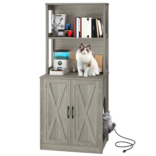 YITAHOME Large Cat Litter Box Furniture with Shelves and Charging Station, Hidden for Self-Cleaning Cat Litter Box Enclosure, Wooden Cat Cabinet for S