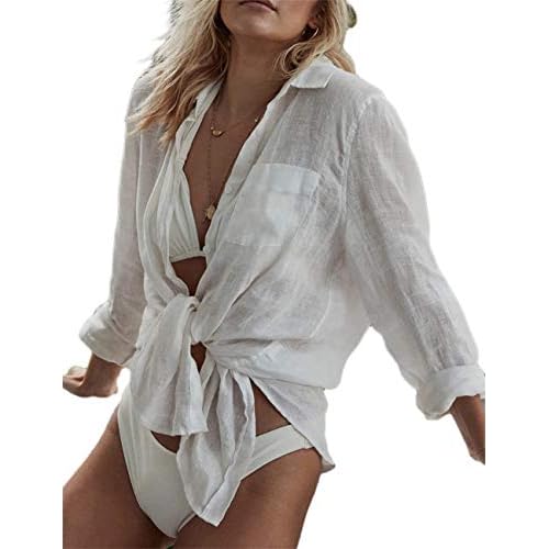 Bsubseach Women Long Sleeve Beach Shirt Blouses Bathing Suit Cover Up Button Down Collar White