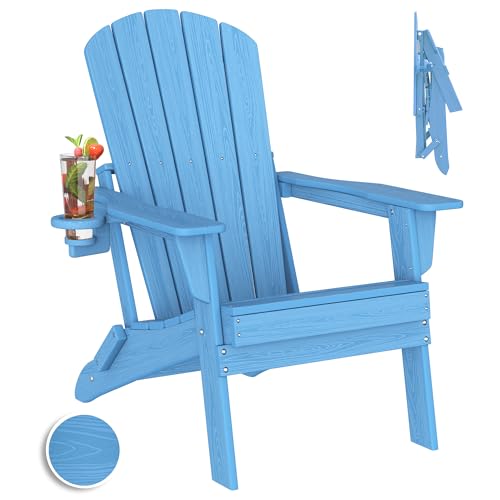 Folding Adirondack Chair with Cup Holder,SGS Tested,Heavy All-Weather,Wooden Textured,HDPE Outdoor Chairs for Patio Backyard Fire Pit, Light Blue Ligh