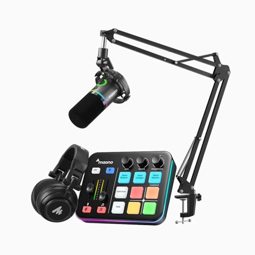 MAONO Gaming Streaming Equipment Bundle: Audio Interface Mixer XLR Dynamic Mic Studio Headphone RGB Noise Reduction Live Streaming Podcasting MaonoCas