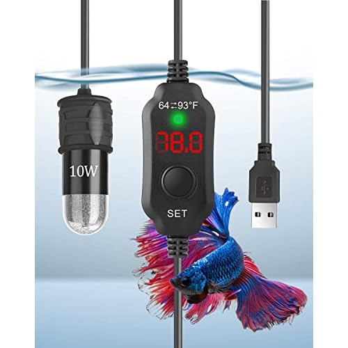 AquaMiracle Adjustable 10W Betta Heater Small Aquarium Heater Submersible Fish Tank Heater 5V-2A USB Powered Super Mini Aquarium Heater with Digital D
