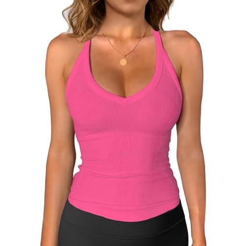 iGENJUN Workout Tops for Women Racerback Basic Tank Summer 2025 Camisole V Neck Slim Fit Ribbed Sleeveless