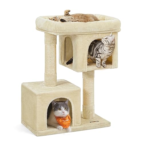 Feandrea Cat Tree, 33.1-Inch Cat Tower, L, Cat Condo for Large Cats up to 16 lb, Large Cat Perch, 2 Cat Caves, Scratching Post, Beige UPCT61M L (23.6"
