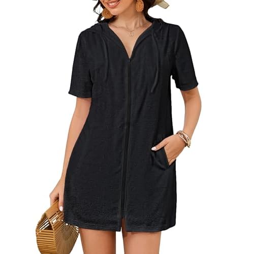 Bsubseach Terry Cloth Cover Up - Women 2025 Zipper Swimsuit Coverup Hooded Swim Robes Beach Coverups with Pockets Black Large