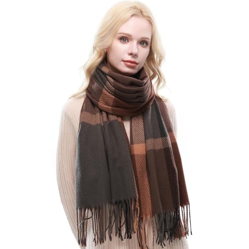 RIIQIICHY Plaid Scarf for Women Fall Winter Pashmina Scarves Wraps for Cold Weather Warm Large Brown-Chocolate-Grey