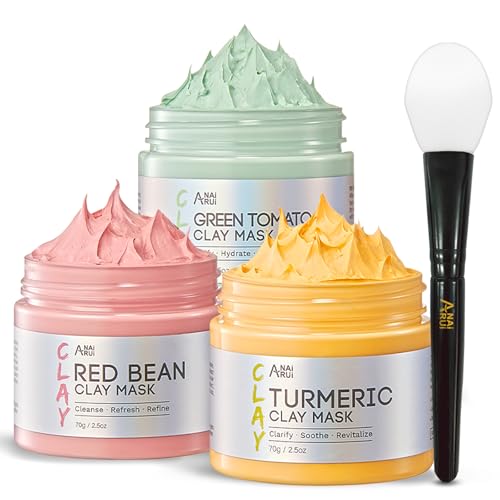 ANAI RUI 3 Pcs Pore Cleansing Face Mask Set,Green Tomato Clay Mask - Turmeric Vitamin C Facial Mask Red Bean Refreshing Pore Mask, 3-in-1 Spa Face Mas