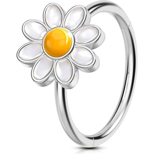 OUFER Nose Rings Hoops, 316L Surgical Steel Hinged Segment Nose Rings 20G, Silver Gold Nose Rings with Cute Daisy Design, Nose Nostril Piercing Jewelr