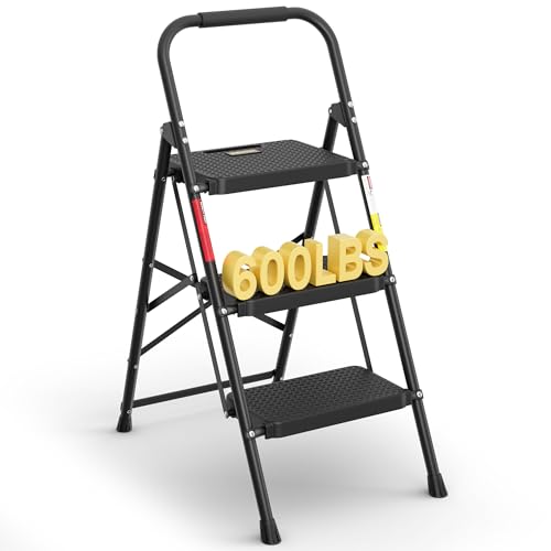 BONTEC 3-Step Ladder, Folding Step Stool, 600lbs Max Load Capacity, Sturdy Steel, Non-Slip Pedals, Lightweight, Portable Steel Ladder with Convenient