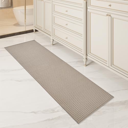 tchdio Checkered Bath Mat, Super Absorbent Non Slip Floor Mat, Thin & Long Bath Mat, Woven Textured Bath Rug for Beside Tub, 2' x 6' Brown 2' x 6'