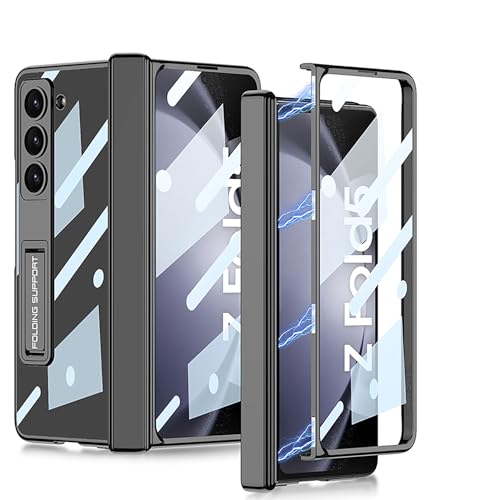 for Samsung Galaxy Z Fold 5 Case with Magnetic Hinge Coverage Protective and Kickstand,Built-in Front Screen Protector Glass, Full Body Thin Transpare