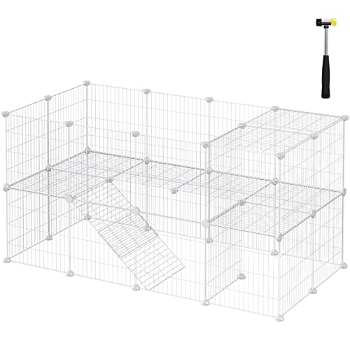 SONGMICS 36 Panels Pet Playpen, Small Animal Playpen, Rabbit Guinea Pig Cage, Zip Ties Included, Metal Wire Apartment-Style Two-Story Pet Premium Vill