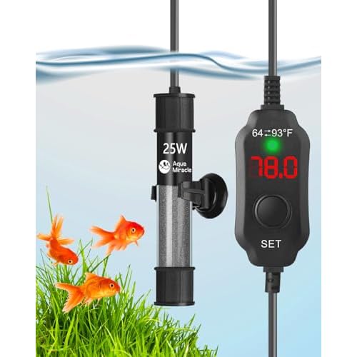 AquaMiracle Adjustable 25W Aquarium Heater Submersible Fish Tank Heater Super Short Aquarium Heater with LED Digital Display Thermostat, for Tanks 3-5