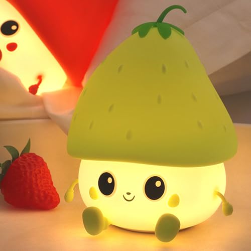 Green Strawberry Night Light, Cute Fruit Night Lamp for Kids Bedroom USB Rechargeable Lamps 2 Brightness Levels, Nursery Bedside Delay-Off Nightlight