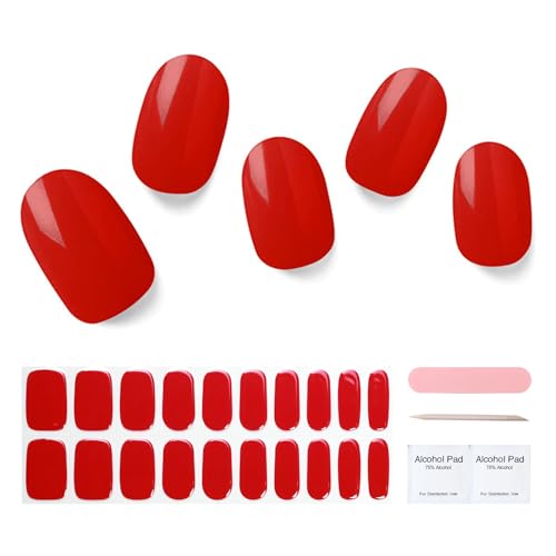 Semi Cured Gel Nail Strips, 20 pcs Stikers, Wraps - Salon-Quality, 2 Weeks Long Lasting - Fire Red