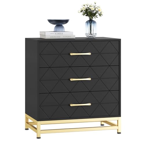 Garvee 3 Drawer Dresser for Bedroom, Modern Wood Dressers Chest of Drawers with Storage, Wide Drawers Tall Nightstand Metal Handles, Wood Dressers, Bl