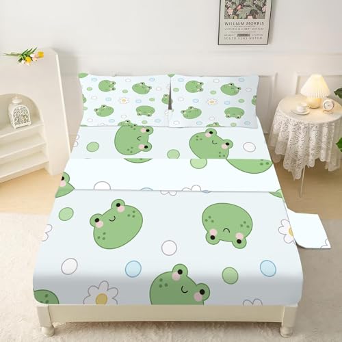 Frog Sheets Set: Cute Frogs Flower Animals Bedding Set Full-Queen Size for Girls Teens Women Bedroom Bed - 1 Flat Sheet, 1 Fitted Sheet, 2 Pillowcases