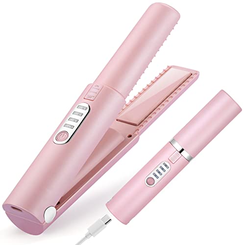 JMFONE Mini Cordless Hair Straightener Pink Edition, Portable 2-in-1 Flat Iron & Curler with 3 Heat Settings, USB-C Rechargeable, Travel Size Styling