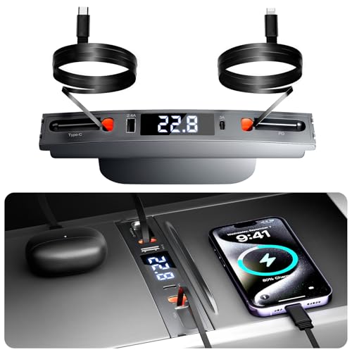 Qoope USB Hub for Tesla Model 3 Model Y Accessories 2024 2023 2022 2021 Car USB Charger Multi Port with Fast Charger Retractable Cable Docking Station