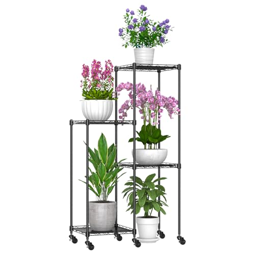 Abimars 45'' Plant Stand with Wheels, Shelf Height Adjustable Metal Plant Shelf for 4 Potted Plants, DIY Assembly Indoor & Outdoor Plant Display Rack