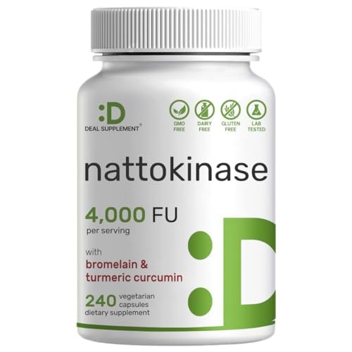 Nattokinase Supplement 4,000 FU Per Serving, 240 Veggie Capsules – Japanese Natto with Bromelain, Turmeric Curcumin & Black Pepper Complex – Diges