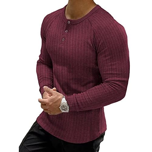 Muscle Cmdr Men's Ribbed Henley Shirt Short Sleeve Slim Fit Muscle Shirt Fitted Cotton Casual Long Sleeve Small Red-long