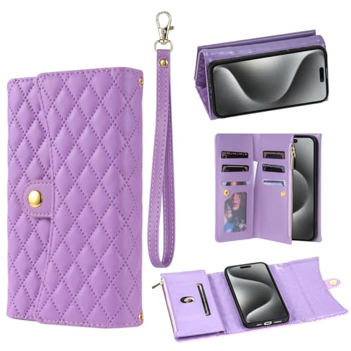 for iPhone 15 Zipper Wallet Case with Card Holder, 7 Card Slots Large Capacity and 2 Style Lanyards Like Fashion Clutch Hang Bag.(Purple) Purple iPhon