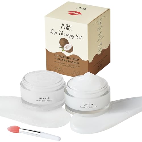 ANAI RUI Coconut Lip Scrub & Lip Mask Set with Shea Butter, Lip Scrubber Exfoliator Enriched with Vitamin E, Sugar Scrub for Dry Lips, Hydrating Lip M