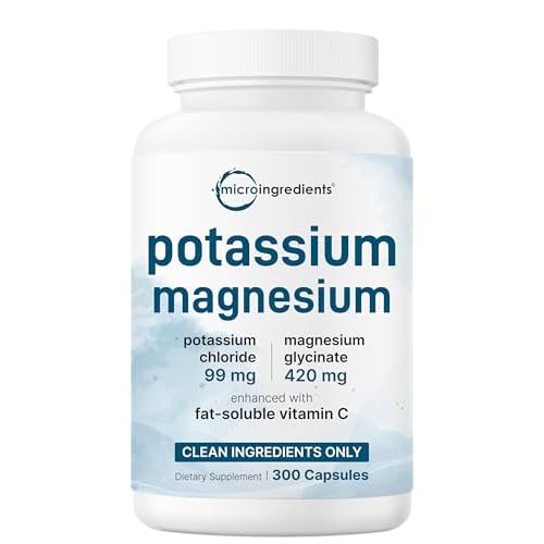 Pure Potassium Supplement with Magnesium Glycinate, 300 Capsules | Enhanced with Fat-Soluble Vitamin C | Chloride + Glycinate Mineral Electrolyte Comp