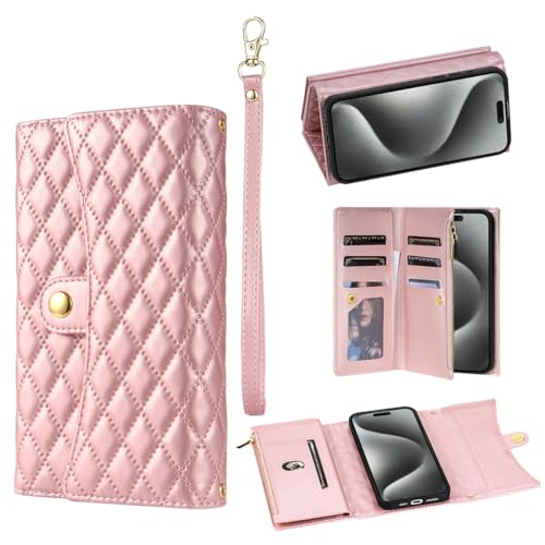 for iPhone 15 Pro Zipper Wallet Case with Card Holder, 7 Card Slots Large Capacity and 2 Style Lanyards Like Fashion Clutch Hang Bag.(Rosegold) RoseGo