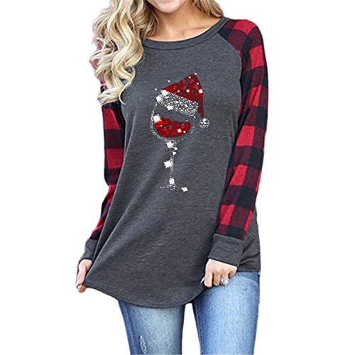 Fuyxxmer Merry Christmas Shirts for Women Wine Glass Christmas Hat Print Long Sleeve Plaid Splicing Raglan Baseball Tee Grey X-Large