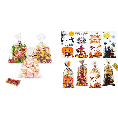 NPLUX Bundle of 200Pack Cellophane Bags and Halloween Treat Bags with Ties for Party Favors, Bakery, Candy, Popcorn