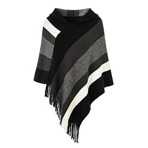 Ferand Women's Striped Poncho Sweater Cozy Knit Fringe Shawl Wraps for Fall Winter Hooded: Black & Grey