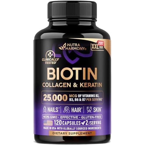 Biotin | Collagen | Hyaluronic Acid | Keratin - Clinically Tested Supplement - Hair Growth Support, Skin & Nails - 25000 mcg Vitamins B2, B3, B6 & B7