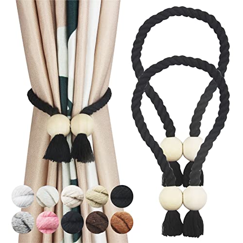 2 Pack Black Magnetic Curtain Tiebacks Cotton Hand Woven Tieback Holdback Decorative Tie Backs for Drapes with Wooden Buckle No Tools Required Black 2