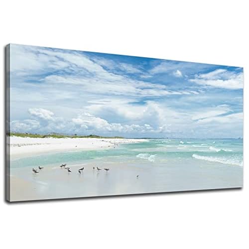 NINEASO Sea Beach Canvas Wall Art Aqua Ocean Pictures Nature Wall Decor Sea Birds Coastal Landscape Prints Modern Seascape Artwork for Living Room Bed