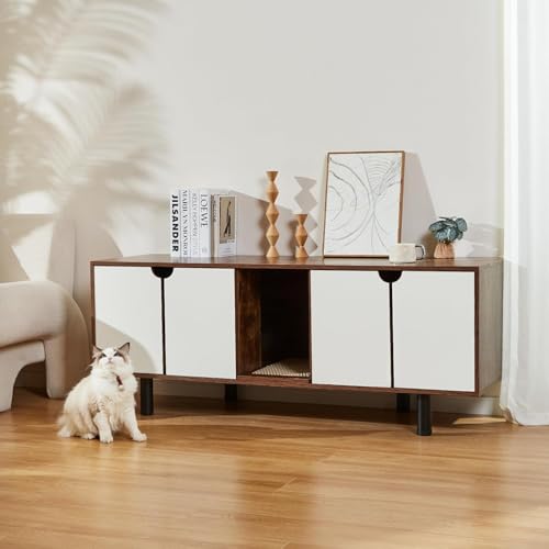 Cat Litter Box Enclosure for 2 Cats, Hidden Cat Litter Box Furniture with Double Room,Indoor Cat Condo TV Stand, Double Litter Box Enclosure,Wooden Ca
