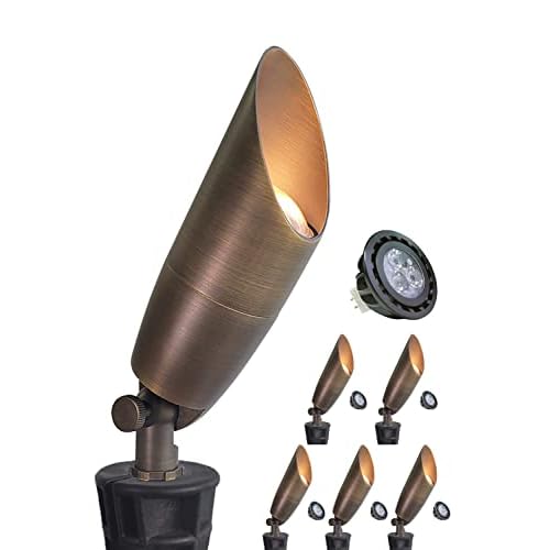 MALORY Solid Brass Landscape Spotlight 6-Pack with Bulb(S06), Low Voltage Front and Backyard Landscape Lighting with Large Rugged Slot Spike & Wire Co
