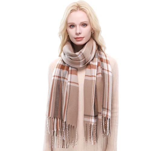 RIIQIICHY Plaid Scarf for Women Fall Winter Pashmina Scarves Wraps for Cold Weather Warm Large Light Brown-Black-Brown