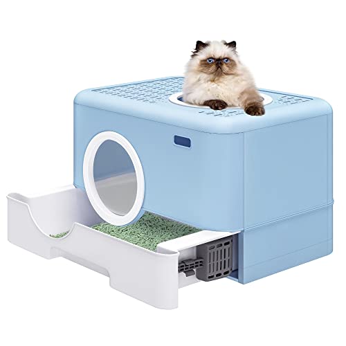YITAHOME Large Enclosed Cat Litter Box with Lid Cover, Hooded Odorless Anti-Splashing Cat Toilet with Drawer Litter Scoop Front Entry Top Exit Door, E